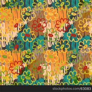 Abstract scribbles with orange all over flowers.Hand drawn with ink and marker brush seamless background.Ethnic design.