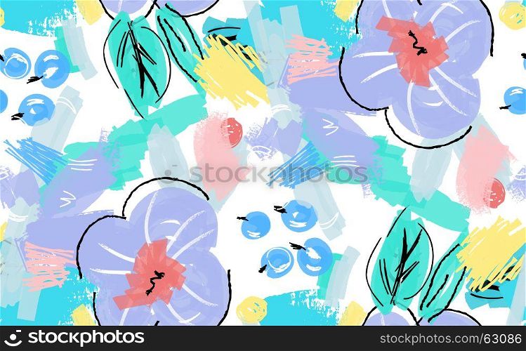 Abstract scribbles with purple flower and berries.Hand drawn with ink and marker brush seamless background.Ethnic design.