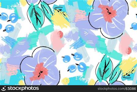 Abstract scribbles with purple flower and berries.Hand drawn with ink and marker brush seamless background.Ethnic design.