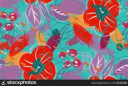 Abstract scribbles with red flower and berries.Hand drawn with ink and marker brush seamless background.Ethnic design.