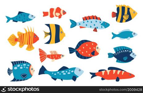 Abstract sea fish. Various tropical marine and ocean fish with minimalistic pattern, marine collection of different kids happy fishes doodle illustration. Vector cartoon underwater fauna isolated set. Abstract sea fish. Various tropical marine and ocean fish with minimalistic pattern, marine collection of different kids fishes illustration. Vector cartoon underwater fauna isolated set