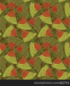Abstract sea shell olive green.Hand drawn with ink seamless background.Creative handmade repainting design for fabric or textile.Geometric pattern made of striped triangular shapes.Vintage retro colors.