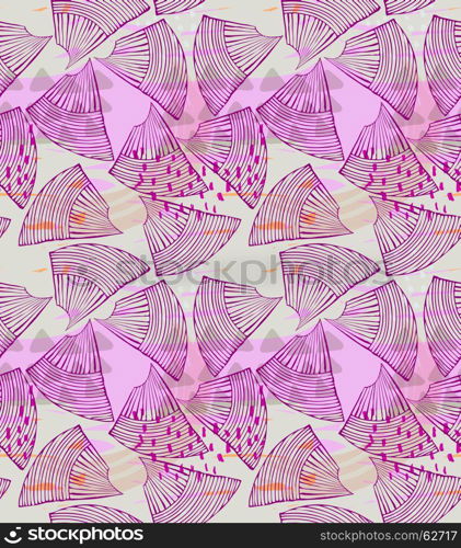 Abstract sea shell purple with dots.Hand drawn with ink seamless background.Creative handmade repainting design for fabric or textile.Geometric pattern made of striped triangular shapes.Vintage retro colors.