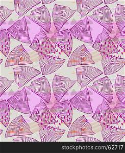 Abstract sea shell purple with dots.Hand drawn with ink seamless background.Creative handmade repainting design for fabric or textile.Geometric pattern made of striped triangular shapes.Vintage retro colors.