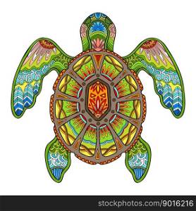 Abstract sea turtle close up with tangle doodle elements. Vector colorful illustration isolated on white background. For design, print, decor, tattoo, t-shirt, puzzle, poster, porcelain and stickers. Tangle abstract sea turtle vector colorful isolated illustration