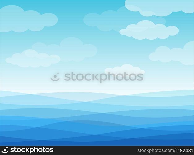 Abstract sea waves. Blue wavy ocean, sky and white clouds, flowing river water landscape wallpaper design, creative vector cartoon waterline surface background. Abstract sea waves. Blue wavy ocean, sky and white clouds, flowing river water landscape wallpaper design, creative vector cartoon background