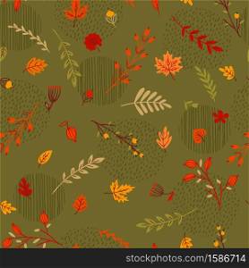 Abstract seamless autumn pattern. Leaves, branches, grass, berries. Vector background for various surface. Trendy hand drawn textures.. Abstract seamless autumn pattern. Leaves, branches, grass, berries.