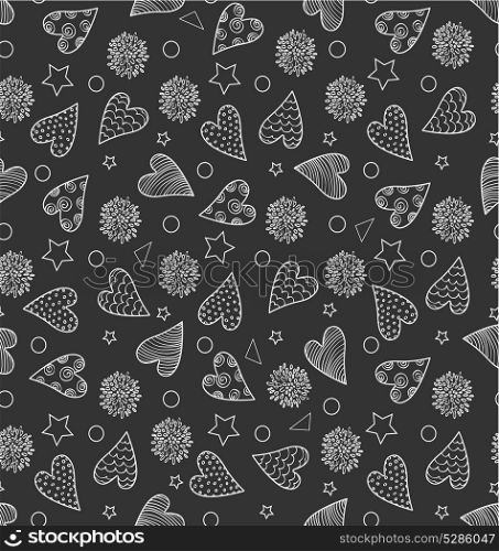 Abstract seamless cute pattern with hearts, flowers and stars