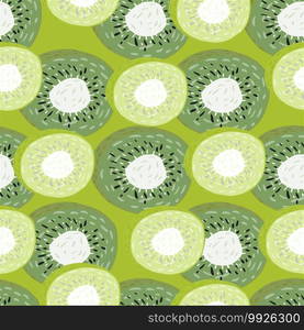 Abstract seamless doodle pattern with green tones kiwi ornament. Simple food artwork. Designed for fabric design, textile print, wrapping, cover. Vector illustration.. Abstract seamless doodle pattern with green tones kiwi ornament. Simple food artwork.