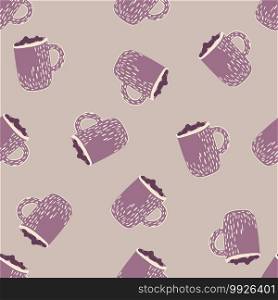 Abstract seamless doodle pattern with purple cocoa cup ornament. Pastel background. Holiday backdrop. Great for fabric design, textile print, wrapping, cover. Vector illustration. Abstract seamless doodle pattern with purple cocoa cup ornament. Pastel background. Holiday backdrop.