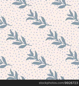 Abstract seamless flora pattern with blue simple leaf branches ornament. Light pink dotted background. Designed for fabric design, textile print, wrapping, cover. Vector illustration.. Abstract seamless flora pattern with blue simple leaf branches ornament. Light pink dotted background.