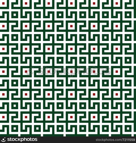 Abstract seamless maze pattern. Geometric green, red and white background design. Vector illustration
