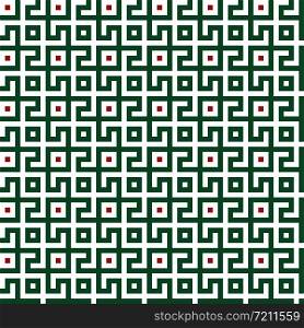 Abstract seamless maze pattern. Geometric green, red and white background design. Vector illustration