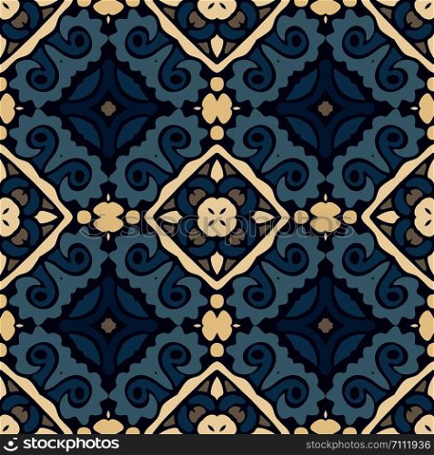 Abstract seamless ornamental Geometric Ethnic style seamless pattern. Azulejo ceramic tile design.. Abstract seamless ornamental Geometric Seamless Pattern Arabesque blue and white, patchwork