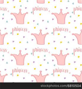 Abstract seamless pattern for girls. Pink vector background with crowns, word princess and small hearts. Fashion pattern for textile and fabric.