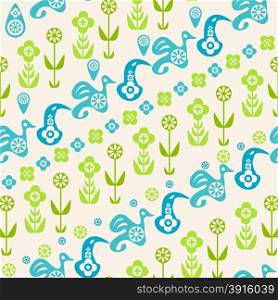 Abstract seamless pattern of birds and flowers
