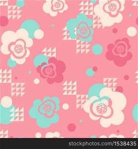 Abstract seamless pattern of bright pink flowers. Textural background of roses with geometric elements, wallpaper, wrapping paper.. Abstract seamless pattern of bright pink flowers.