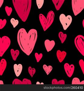 Abstract seamless pattern of bright pink hearts on black background. Image for wallpaper, textile, scrapbooking, poster or cover. Vector illustration.. Abstract seamless pattern of pink hearts on black background.