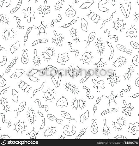 Abstract seamless pattern of germs, virus and bacteria on white background. Black and white vector illustration. Abstract seamless pattern of germs, virus and bacteria on white background.