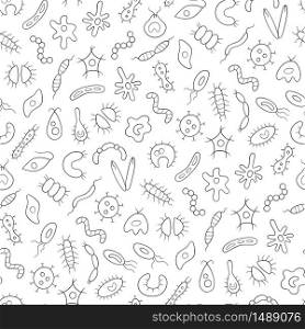 Abstract seamless pattern of germs, virus and bacteria on white background. Black and white vector illustration. Abstract seamless pattern of germs, virus and bacteria on white background.