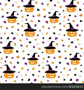 Abstract Seamless pattern of Halloween smiling pumpkin in a witch hat and hearts around in trendy shades. Isolate. Design for wrapping, poster, banner, brochure or cards, price or label. Vector. EPS