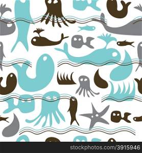 Abstract seamless pattern of marine animals and fish