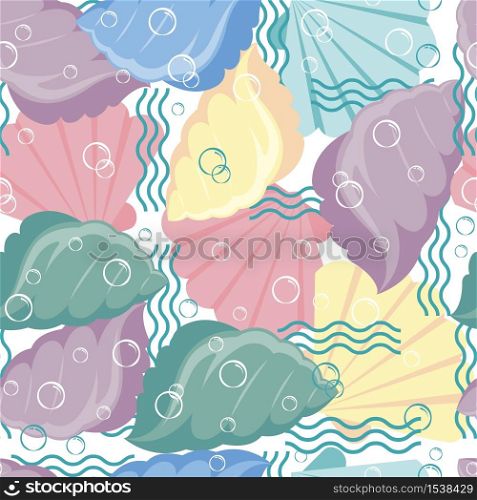 Abstract seamless pattern of multicolored shells. Textural background of the bottom of the ocean. Seashells and waves as wallpaper, wrapping paper.. Abstract seamless pattern of multicolored shells.