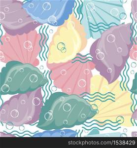 Abstract seamless pattern of multicolored shells. Textural background of the bottom of the ocean. Seashells and waves as wallpaper, wrapping paper.. Abstract seamless pattern of multicolored shells.