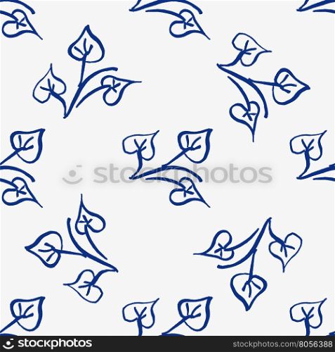 Abstract seamless pattern of twigs and leaves on a gray background.