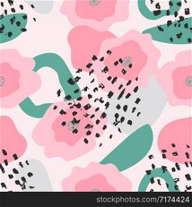 Abstract seamless pattern, spring fantasy flowers and shapes. Pastel colors. Hand drawn doodle plants.