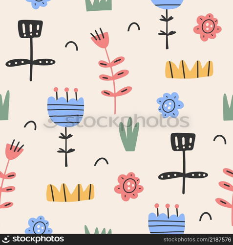 Abstract seamless pattern with abstract exotic leaves and flowers on a beige background. Modern colorful flat style vector illustration for wrapping paper, wallpaper, background, print.. Abstract seamless pattern with abstract exotic leaves and flowers on a beige background. Modern colorful flat style vector illustration for wrapping paper, wallpaper, background, print