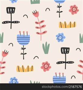 Abstract seamless pattern with abstract exotic leaves and flowers on a beige background. Modern colorful flat style vector illustration for wrapping paper, wallpaper, background, print.. Abstract seamless pattern with abstract exotic leaves and flowers on a beige background. Modern colorful flat style vector illustration for wrapping paper, wallpaper, background, print