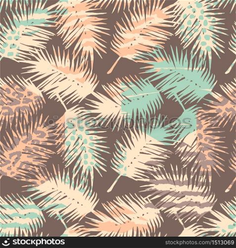 Abstract seamless pattern with animal print, tropical plants and geometric shapes. Trendy hand drawn textures. Modern abstract design for paper, cover, fabric, interior decor and other users. Abstract seamless pattern with animal print, tropical plants and geometric shapes.
