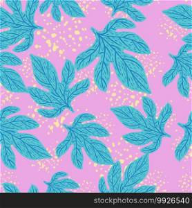 Abstract seamless pattern with blue bright leaves random ornament. Pink background with splashes. Decorative backdrop for fabric design, textile print, wrapping, cover. Vector illustration. Abstract seamless pattern with blue bright leaves random ornament. Pink background with splashes.