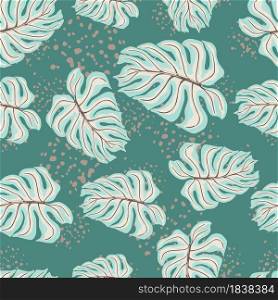 Abstract seamless pattern with blue random palm leaf monstera ornament. Turquoise background with splashes. Decorative backdrop for fabric design, textile print, wrapping, cover. Vector illustration.. Abstract seamless pattern with blue random palm leaf monstera ornament. Turquoise background with splashes.