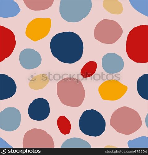 Abstract seamless pattern with colorful circle elements on pink background. Simple design texture with chaotic painted shapes. Backdrop for textile or book covers, wallpapers, design, wrapping. Abstract seamless pattern with colorful circle elements on pink background.
