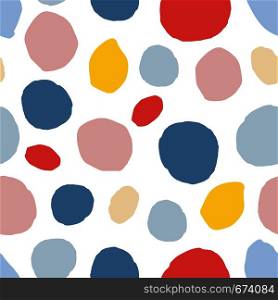 Abstract seamless pattern with colorful circle elements on white background. Simple design texture with chaotic painted shapes. Backdrop for textile or book covers, wallpapers, design, wrapping. Abstract seamless pattern with colorful circle elements on white background.