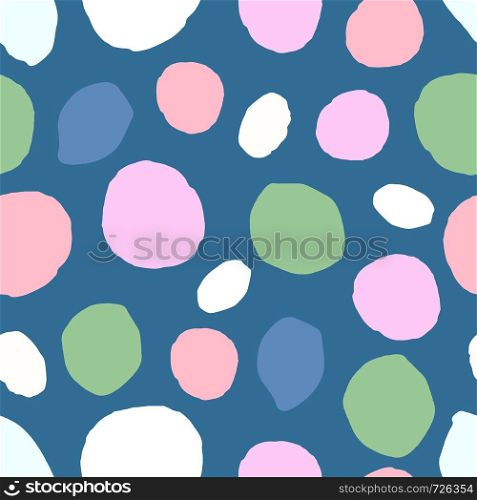 Abstract seamless pattern with colorful circle elements. Simple design texture with chaotic painted shapes. Backdrop for textile or book covers, wallpapers, design, wrapping. Abstract seamless pattern with colorful circle elements.