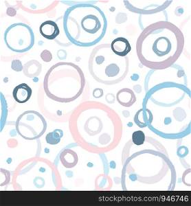 Abstract seamless pattern with cute colored circle elements on white background. Hand drawn simple design texture with chaotic shapes. Texture for wallpaper, background, scrapbook. Vector illustration. Abstract seamless pattern with cute colored circle elements on white background.