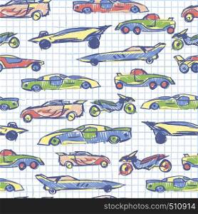 Abstract seamless pattern with hand drawn cute car. School collection. Cartoon cars vector illustration. Notebook paper pattern. Perfect for kids fabric,textile,nursery wallpaper