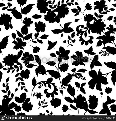 Abstract seamless pattern with isolated flowers silhouettes on white background. Vector illustration.. Abstract seamless pattern with isolated flowers silhouettes on w