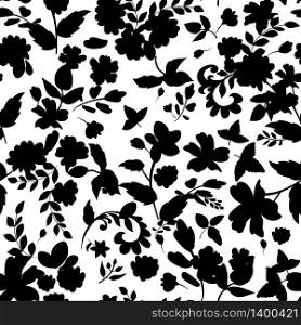 Abstract seamless pattern with isolated flowers silhouettes on white background. Vector illustration.. Abstract seamless pattern with isolated flowers silhouettes on w