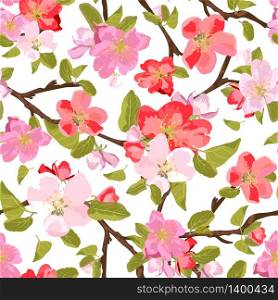 Abstract seamless pattern with isolated hand drawn flowers on branch. Apple-tree flowers . Sakura flowers. Vector illustration.. Abstract seamless pattern with isolated hand drawn flowers on br