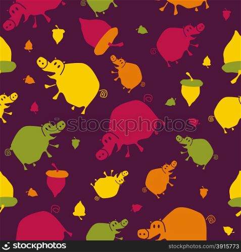 abstract seamless pattern with pigs and acorns