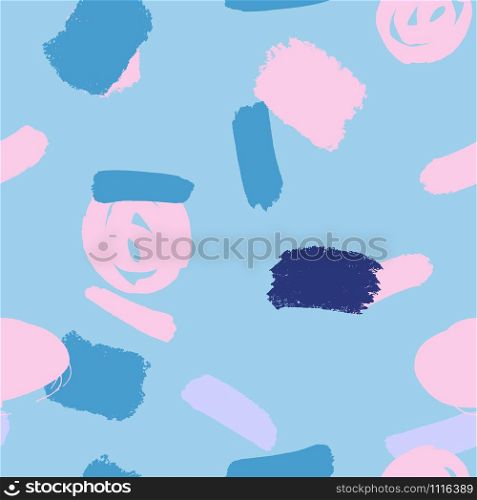 Abstract seamless pattern with pink and blue brush strokes, paint traces or smears on light blue background. Design for wrapping paper, wallpaper, fabric print, backdrop. Vector illustration.. Abstract seamless pattern with pink and blue brush strokes, paint traces or smears on light blue background.