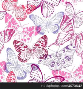 Abstract seamless pattern with pink and violet butterflies on a white background