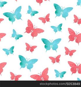 Abstract seamless pattern with red and green watercolor butterflies on a white background
