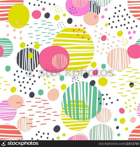 Abstract seamless pattern with rounds elements, dots and lines. Trendy colors. Vector background. Modern abstract design for social media, cards, posters, wrapping, textile, cover, interior decor. Seamless pattern with round shapes in trendy colors vector