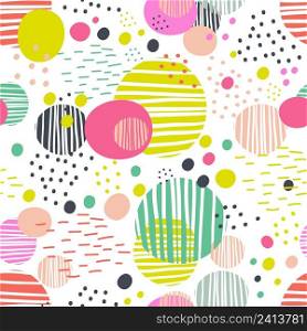 Abstract seamless pattern with rounds elements, dots and lines. Trendy colors. Vector background. Modern abstract design for social media, cards, posters, wrapping, textile, cover, interior decor. Seamless pattern with round shapes in trendy colors vector