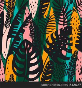 Abstract seamless pattern with tropical leaves. Hand draw texture. Vector template.. Abstract seamless pattern with tropical leaves. Hand draw texture.